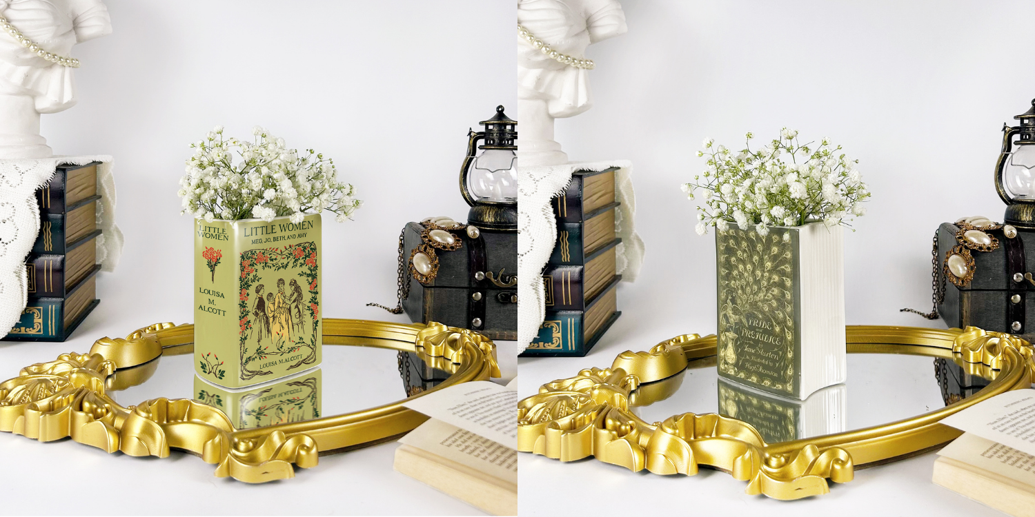 Vintage book vase with flowers on gold mirror, surrounded by classic books and antique decor.