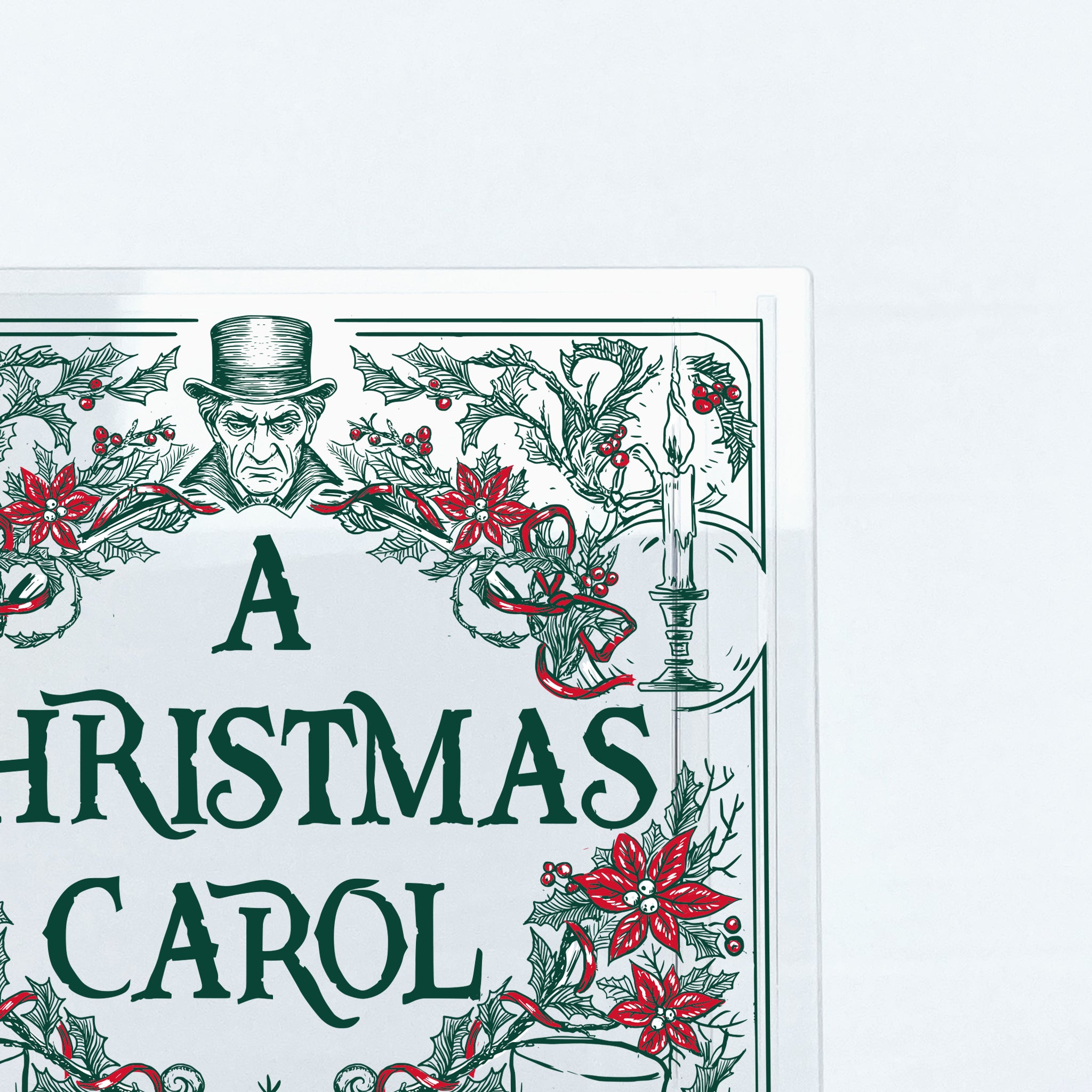 A Christmas Carol acrylic book vase with floral holly design, candle, and Scrooge illustration.
