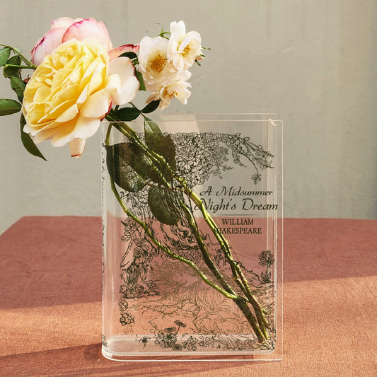 Acrylic book vase with floral design and flowers, featuring A Midsummer Night's Dream cover
