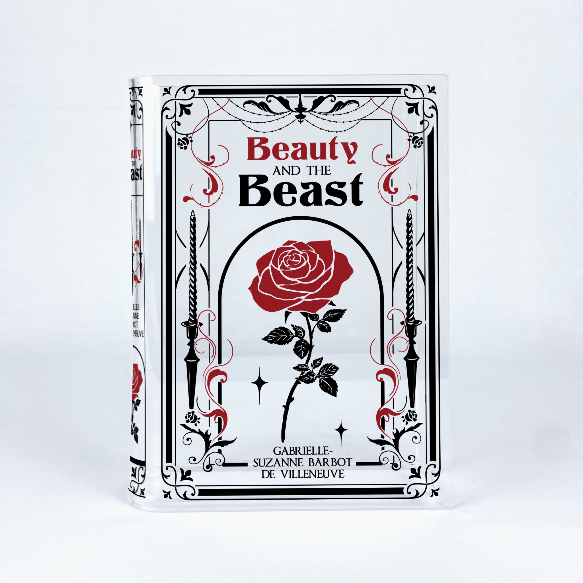 Beauty and the Beast book cover with red rose and ornate black and red border design