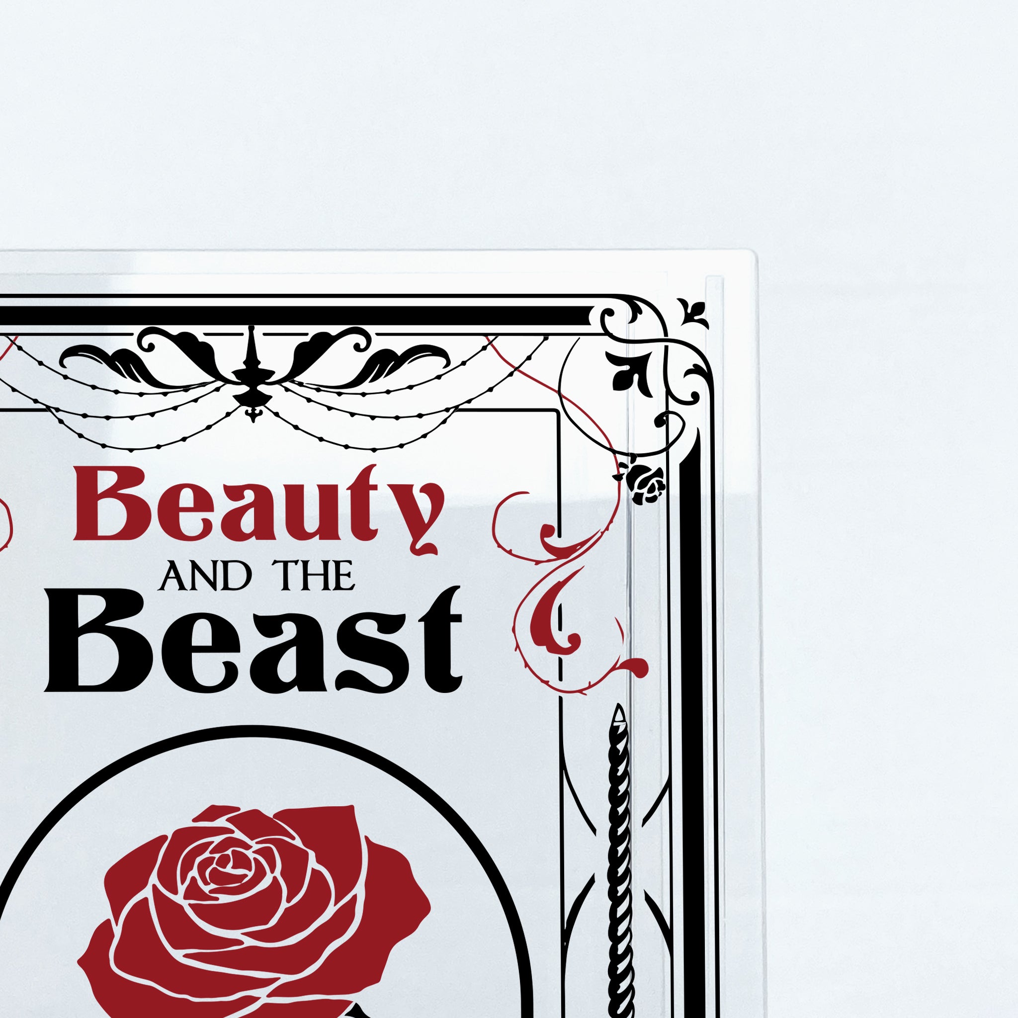 Beauty and the Beast acrylic art print with ornate black and red rose design