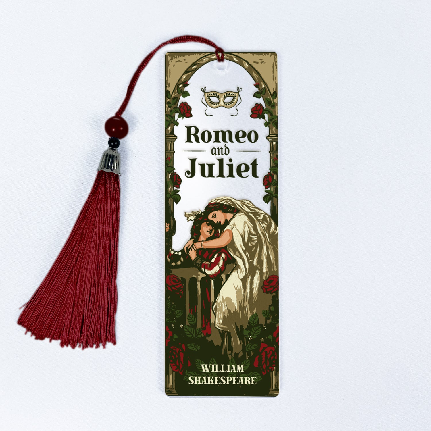 Romeo and Juliet bookmark with red tassel, floral border, and vintage illustration