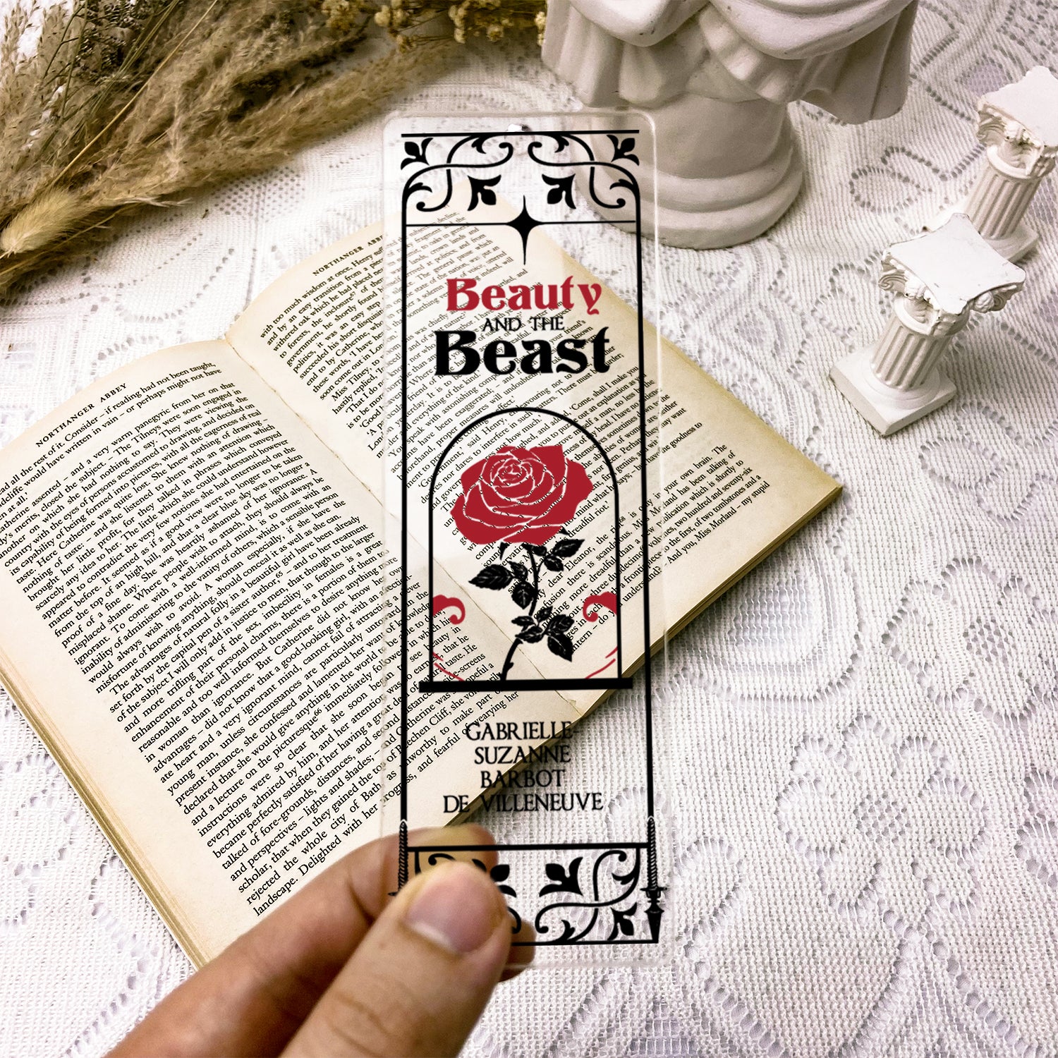 Beauty and the Beast clear acrylic bookmark with red rose on an open book, vintage decor