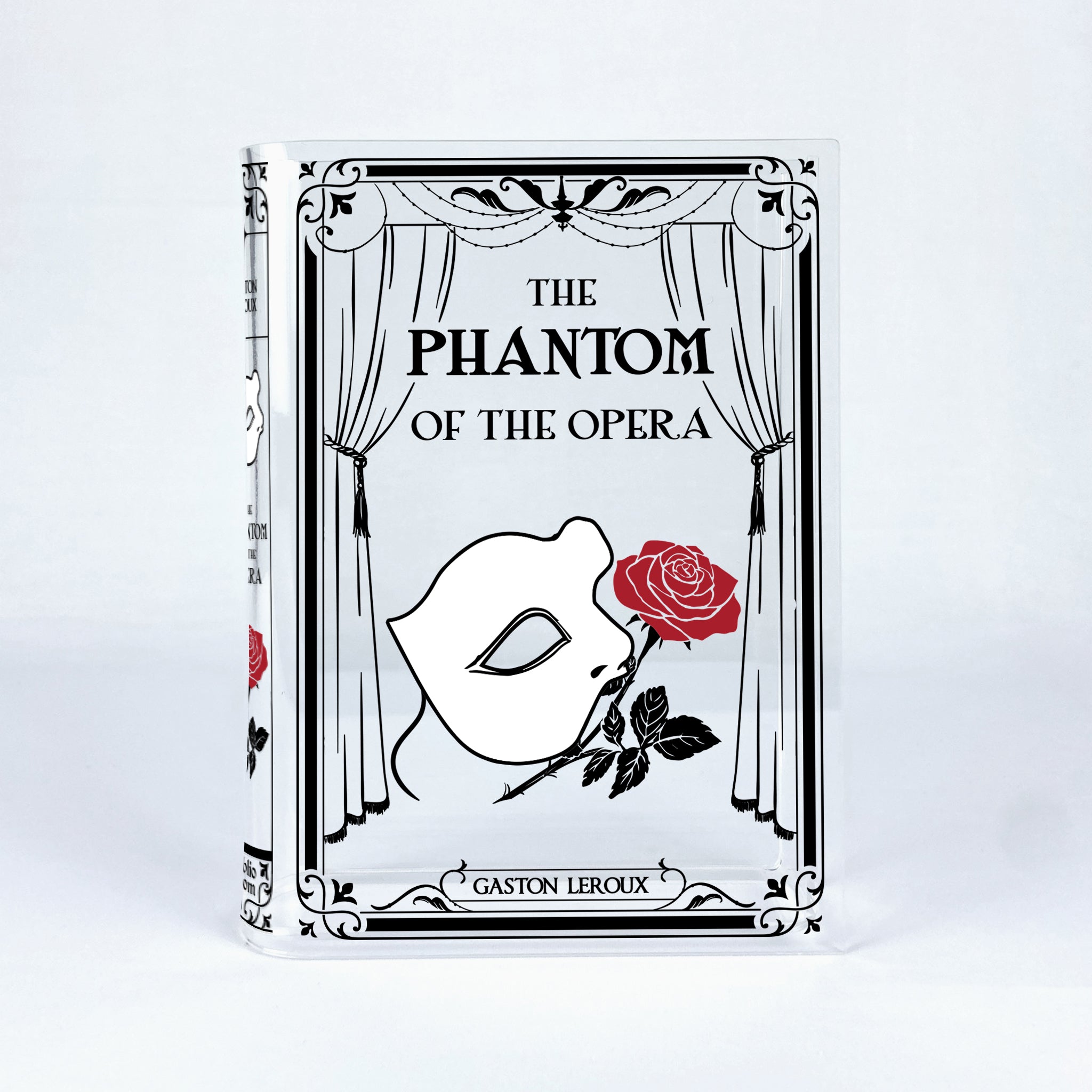 The Phantom of the Opera acrylic book vase with white mask and red rose on book cover