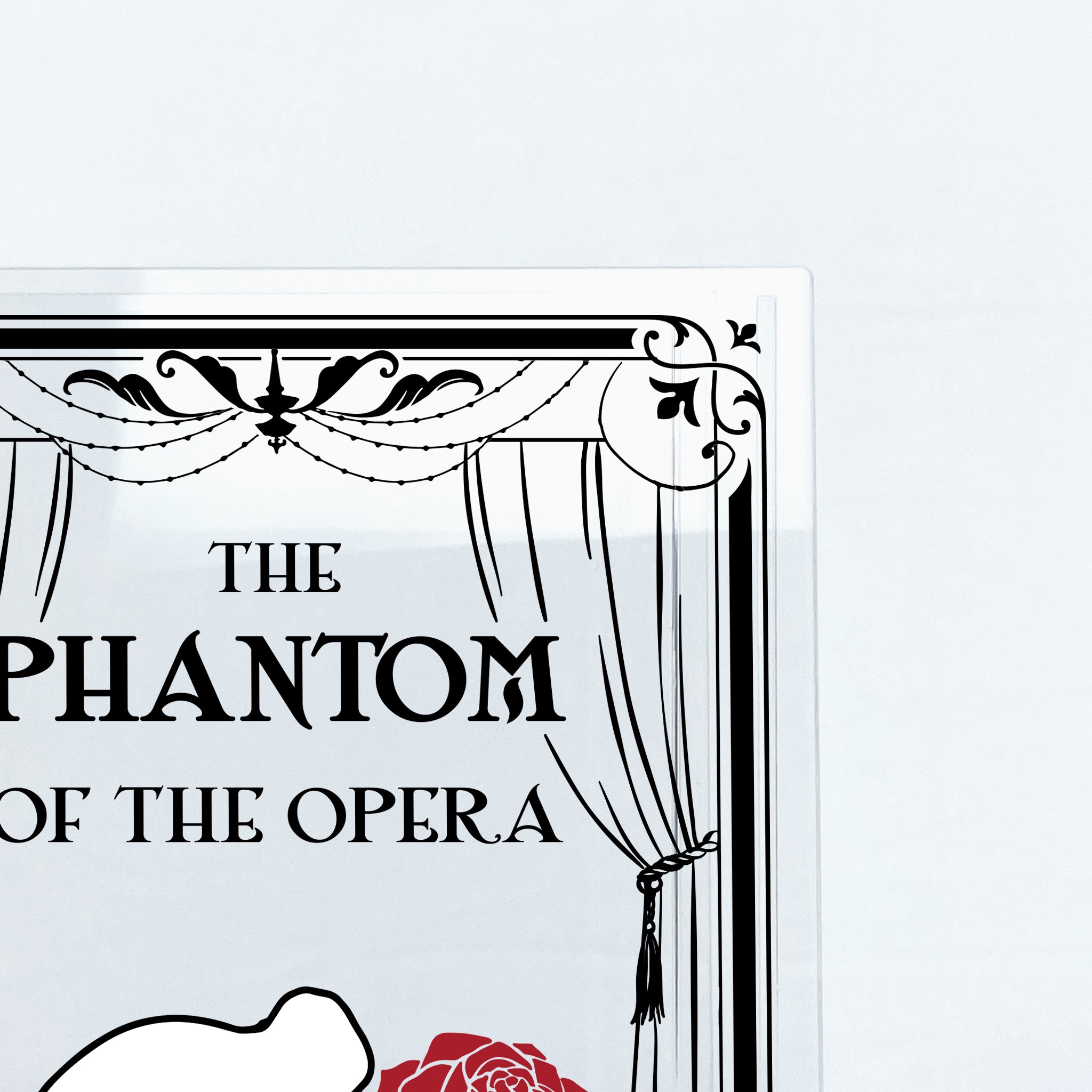 The Phantom of the Opera acrylic book vase with black stage curtain design and red rose