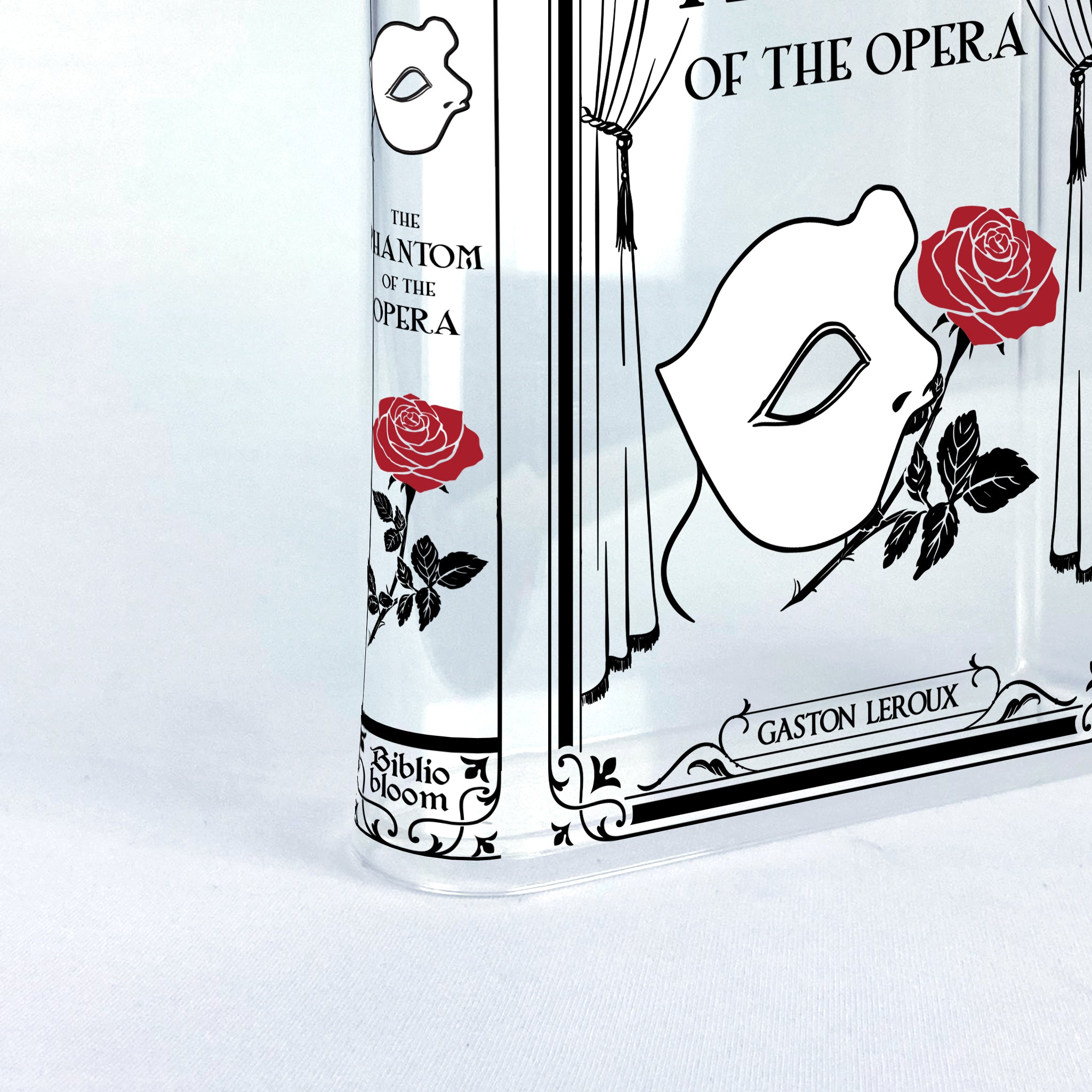 The Phantom of the Opera acrylic book vase with mask, red rose, and black floral design