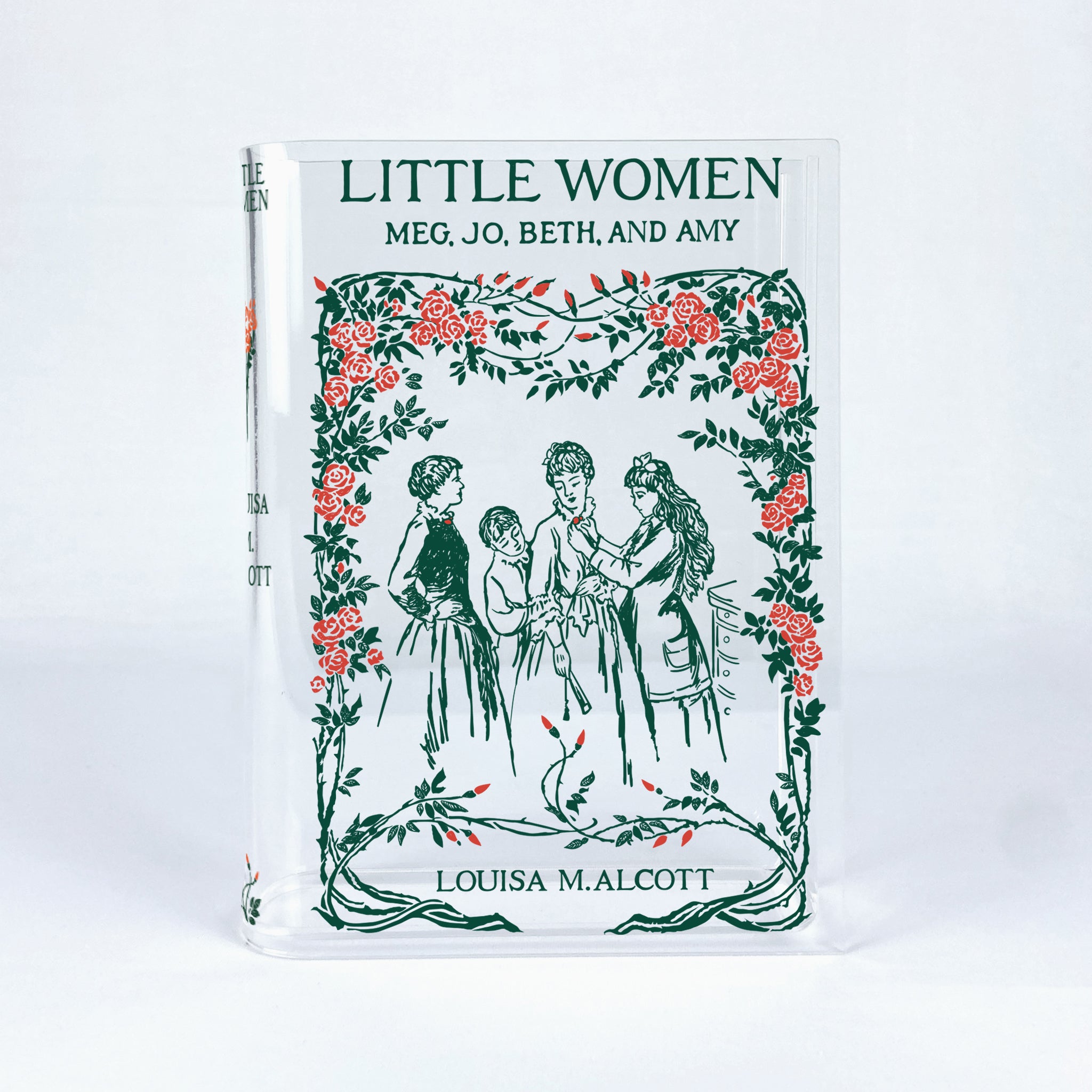 Little Women book cover with floral border and four girls illustration, by Louisa M. Alcott