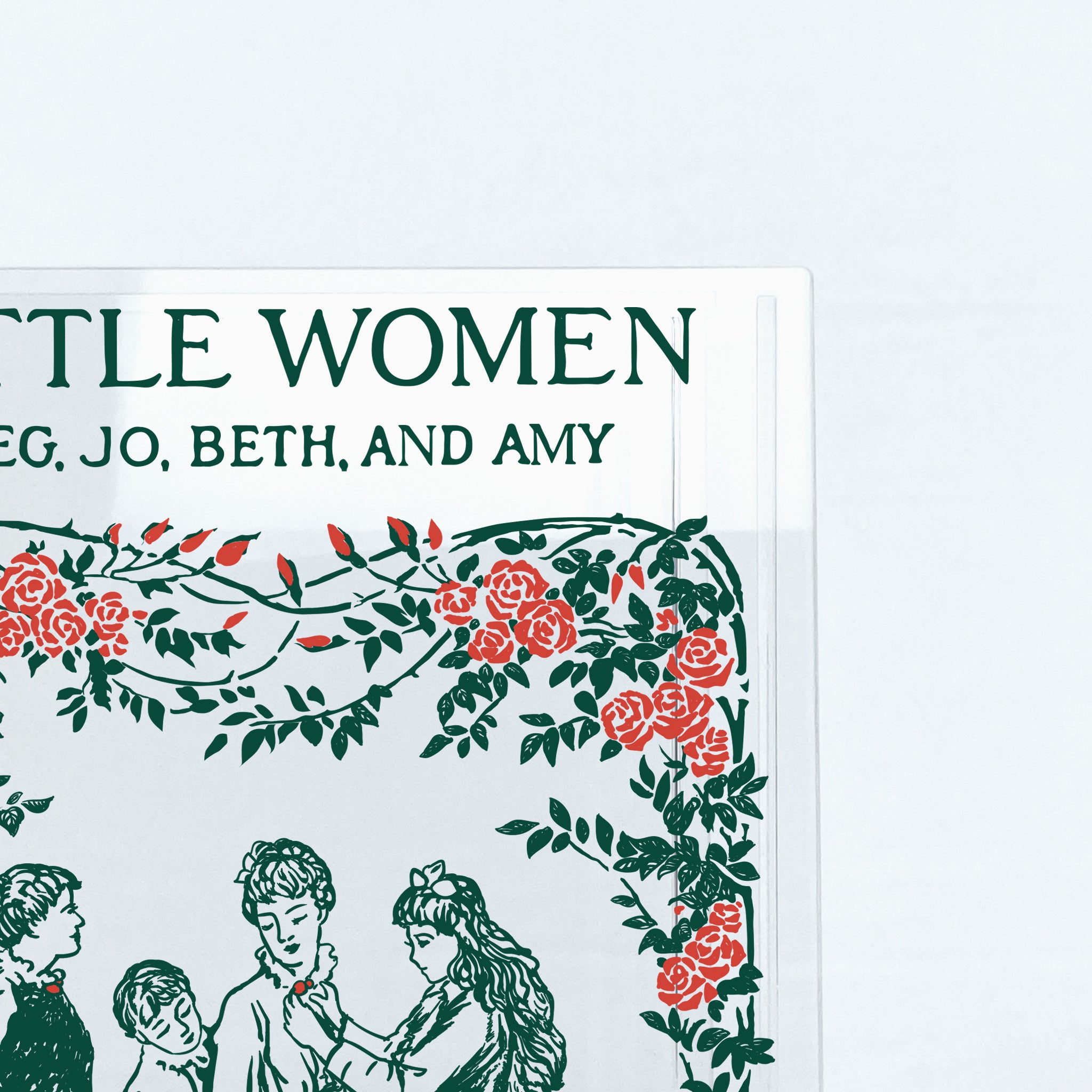 Little Women book cover with illustration of March sisters and red floral border