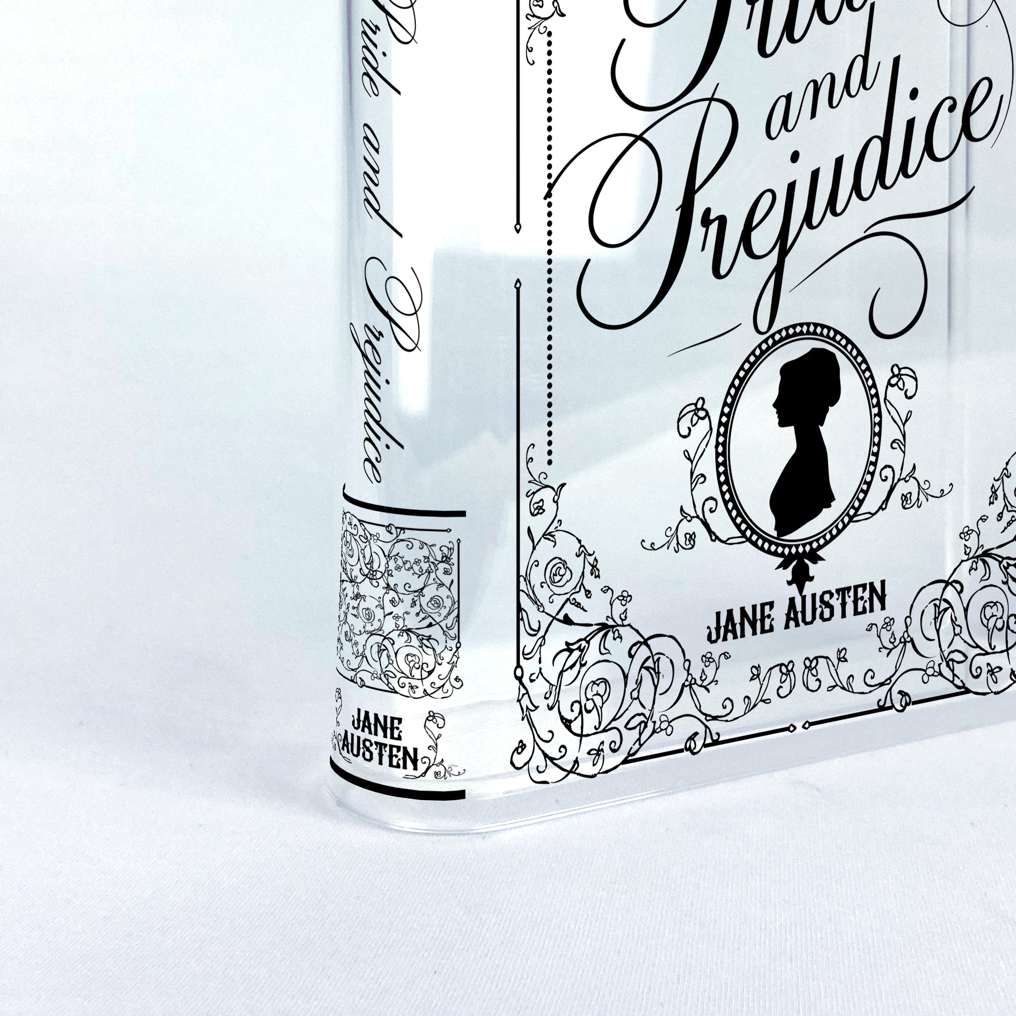 Pride and Prejudice book cover, Jane Austen, white with black floral and silhouette design