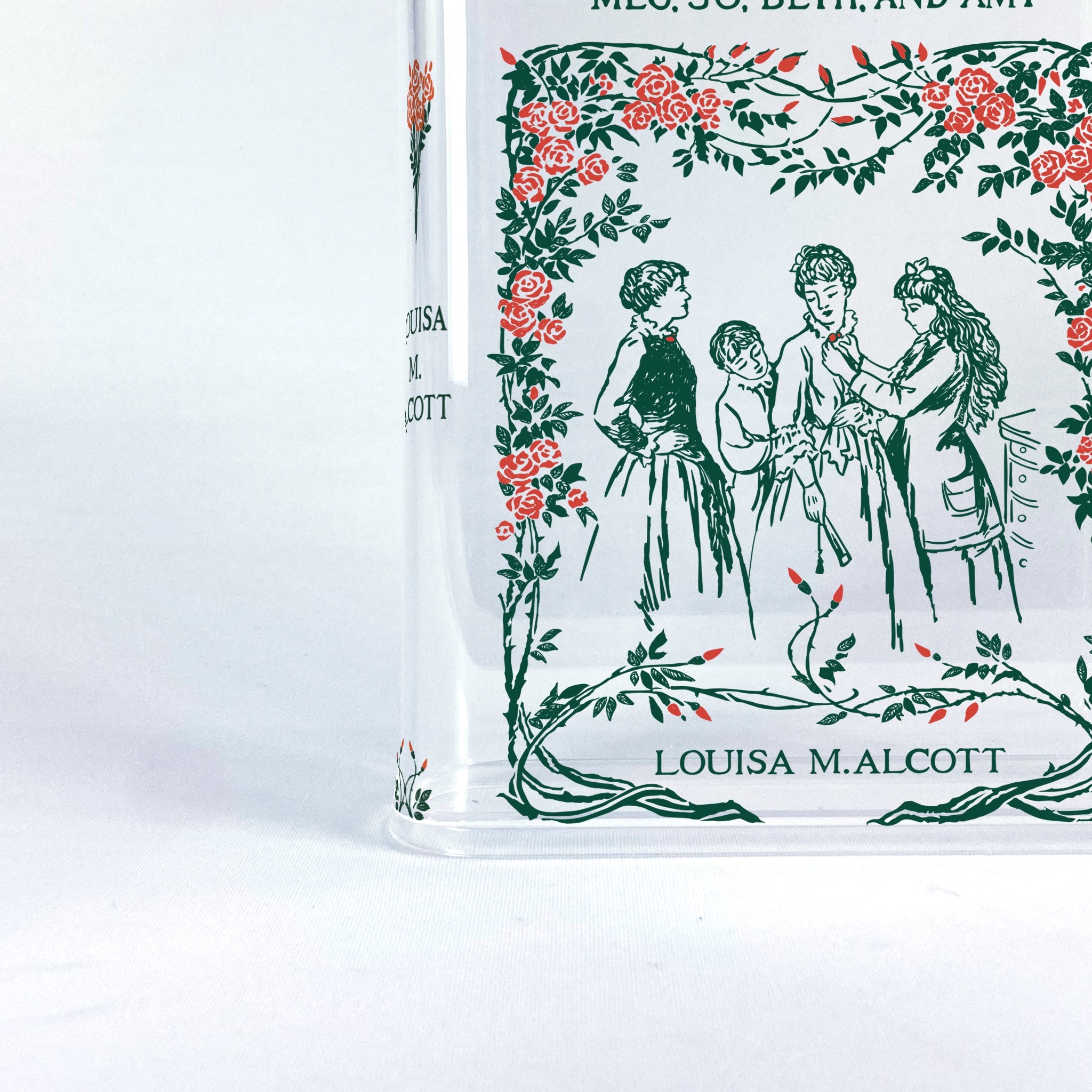 Little Women book cover with vintage illustration of four girls and floral border, Louisa M. Alcott