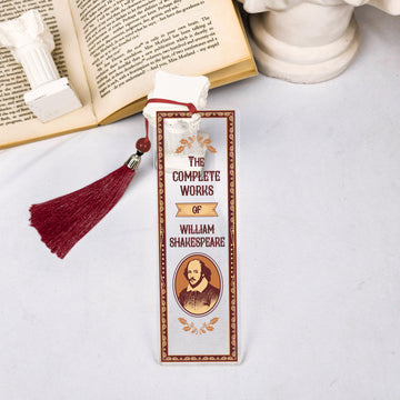 William Shakespeare bookmark with red tassel on open book and white statue, literary gift
