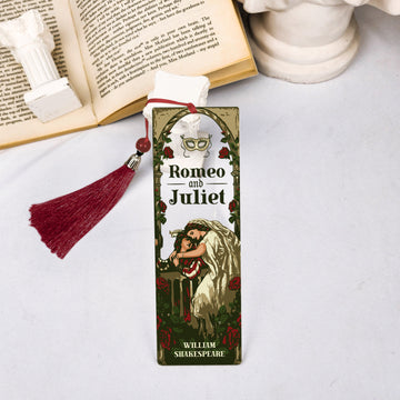 Romeo and Juliet bookmark with vintage design, maroon tassel, open book and statue decor