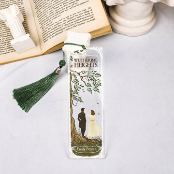 Wuthering Heights acrylic bookmark with green tassel on open book and classical decor